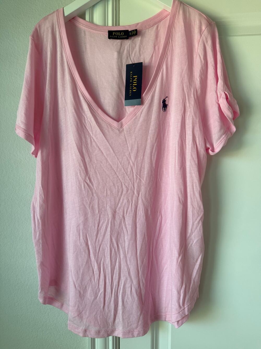 NWT Polo Ralph Lauren Women's XL Pink V-Neck Tee 100% Cotton Pony Logo Casual
